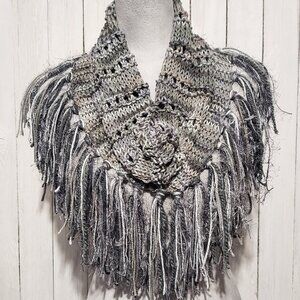 NEW Cowl Scarf Hand Knitted Gray Boho Fringe Cozy Rustic Western Indie Artsy Mod